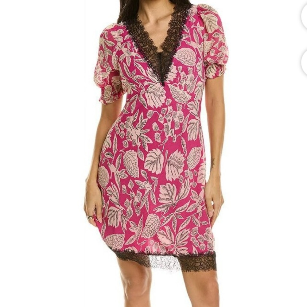Ted Baker Pink Floral Mini Dress with Black Lace puffy sleeves chic UK 1 US 4